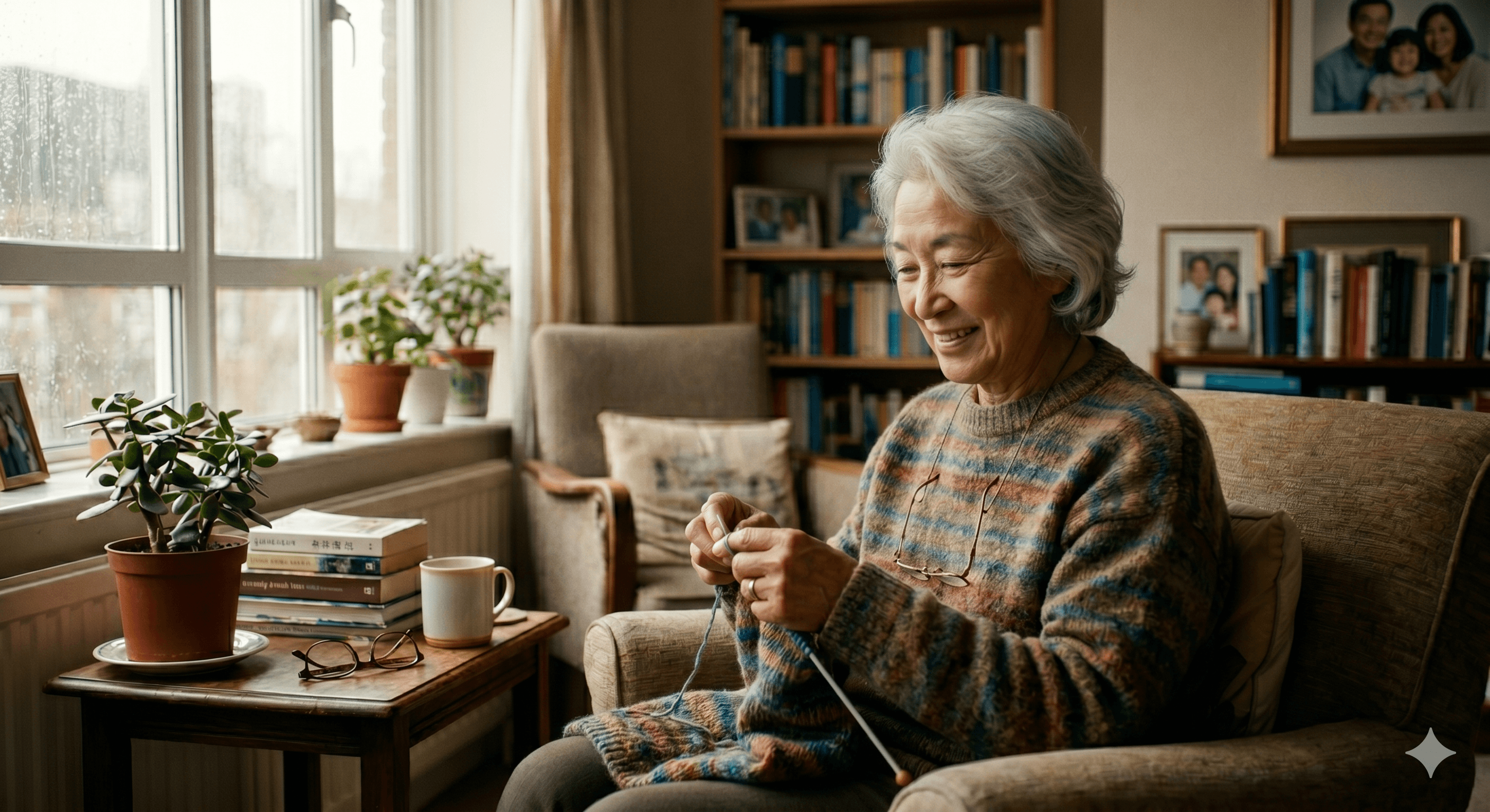 A smiling older woman knitting in an armchair by a sunny window at home, surrounded by books and houseplants.