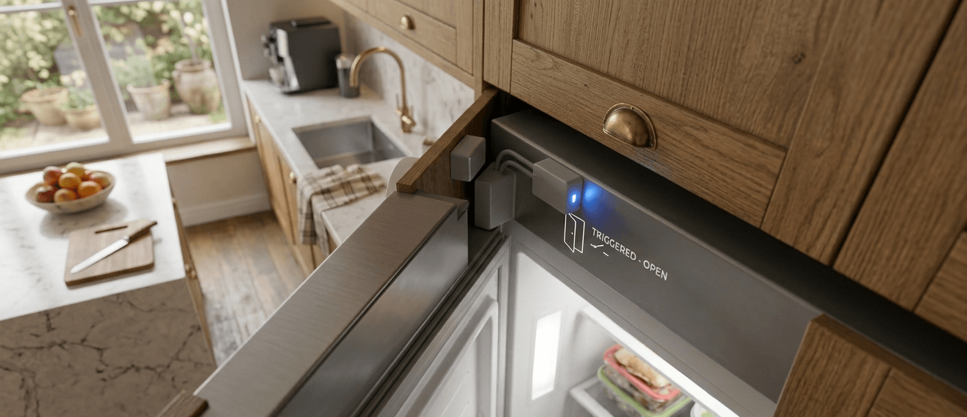 A small, camera-free Quiet Care sensor sits unobtrusively in a warm, sunlit kitchen.